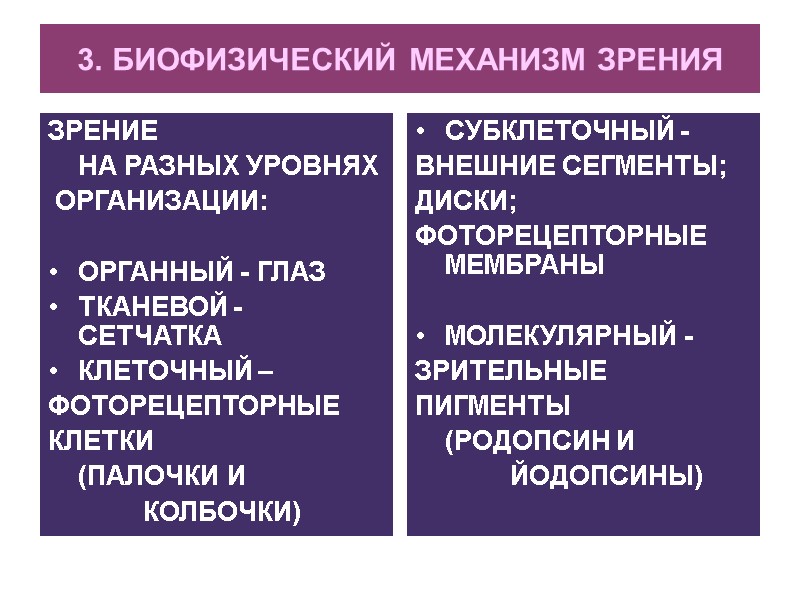 3. БИОФИЗИЧЕСКИЙ МЕХАНИЗМ ЗРЕНИЯ ЗРЕНИЕ  НА РАЗНЫХ УРОВНЯХ  ОРГАНИЗАЦИИ:  ОРГАННЫЙ -
